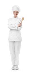 Photo of Happy chef in uniform holding wooden spoon on white background