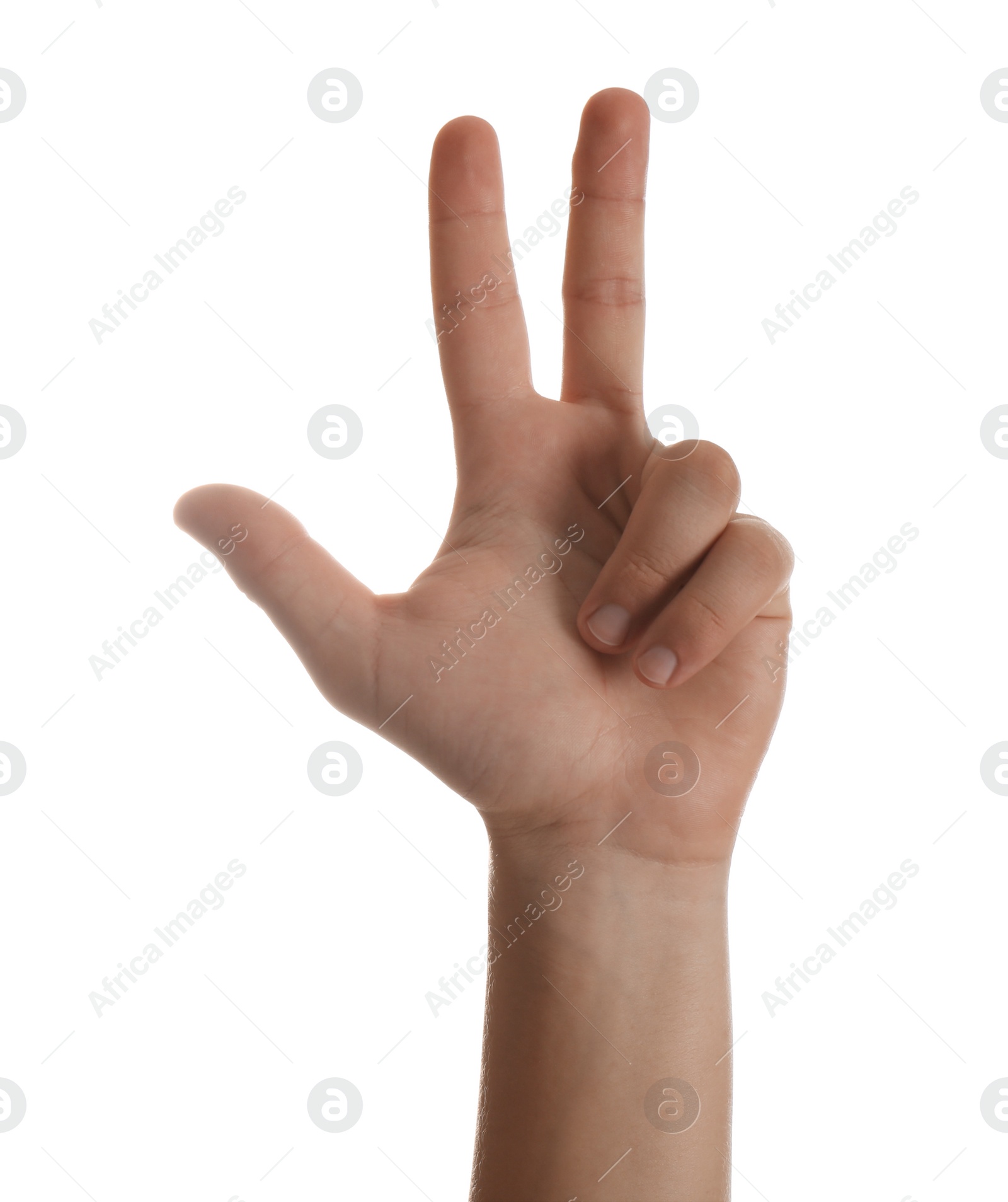 Photo of Teenage boy showing three fingers white background, closeup