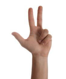 Photo of Teenage boy showing three fingers white background, closeup