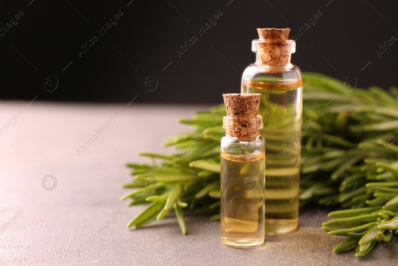 Photo of Essential oil in bottles and rosemary on grey table, space for text