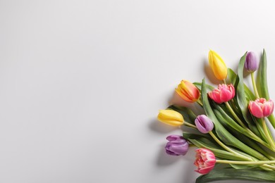 Photo of Beautiful tulips on light grey background, flat lay. Space for text