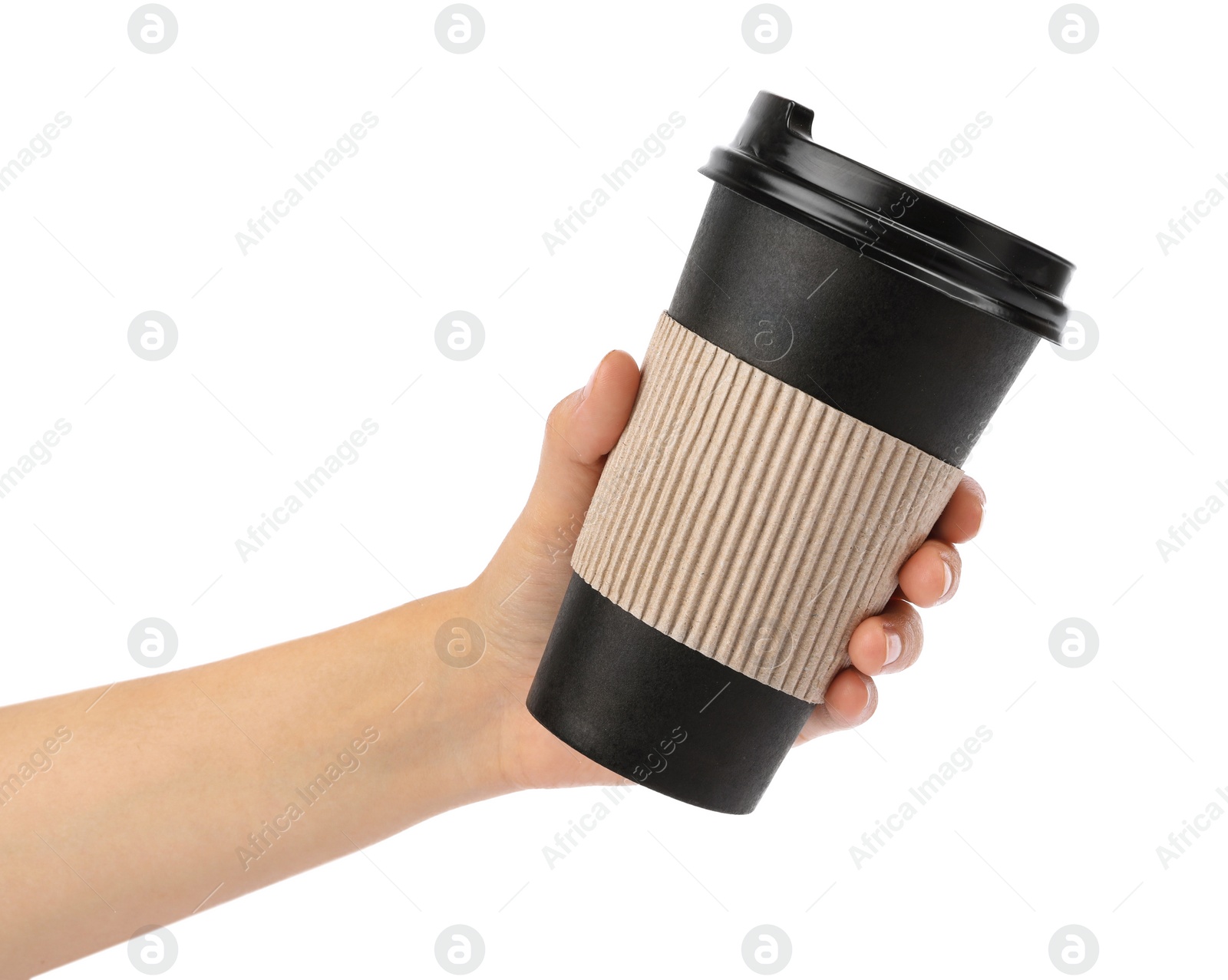 Photo of Woman holding takeaway paper coffee cup with cardboard sleeve on white background, closeup