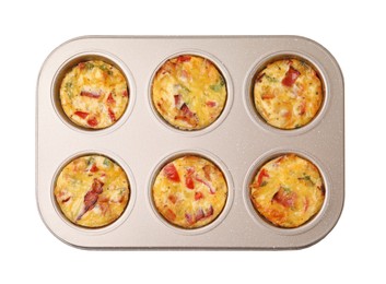 Photo of Freshly baked bacon and egg muffins with cheese in tin isolated on white, top view