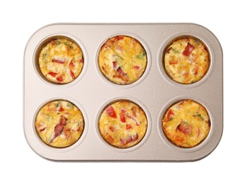 Freshly baked bacon and egg muffins with cheese in tin isolated on white, top view