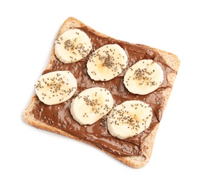 Slice of bread with chocolate paste and banana on white background, top view