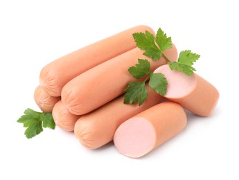 Photo of Whole and cut delicious boiled sausages with parsley on white background