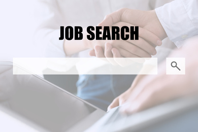 Image of Job hunting. Search bar and people shaking hands on background