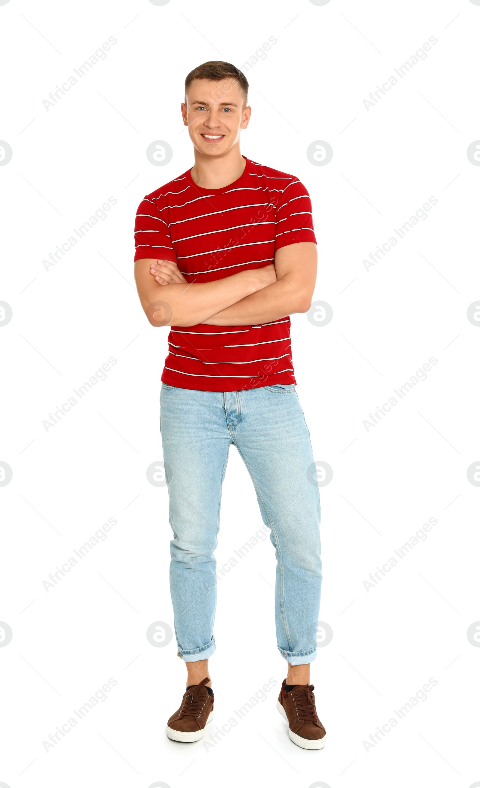 Photo of Full length portrait of young man on white background