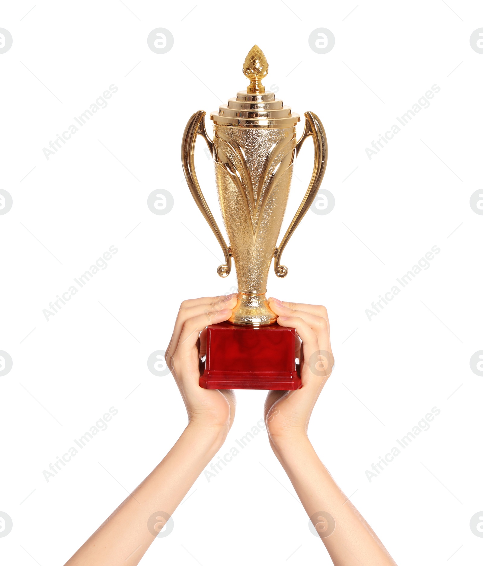 Photo of Young woman holding gold trophy cup on white background, closeup