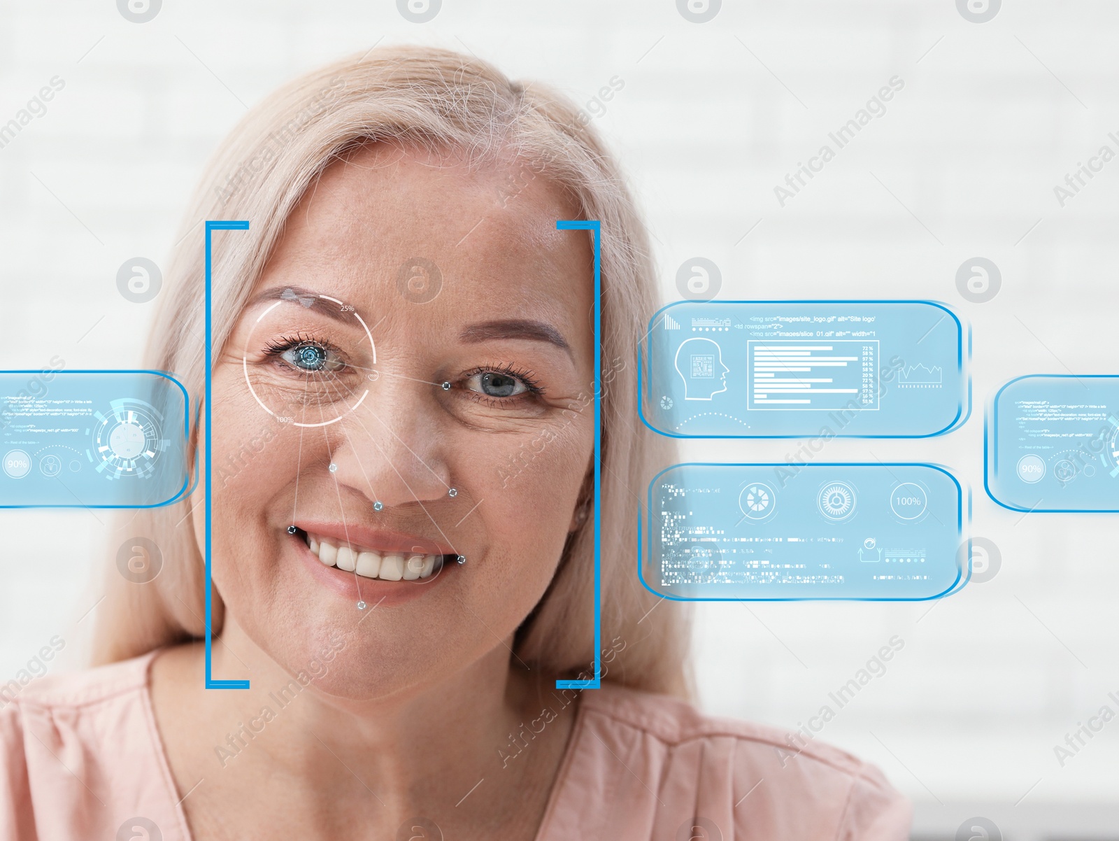 Image of Facial recognition system. Mature woman with scanner frame on face and information