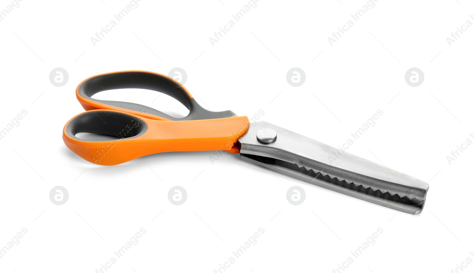 Photo of Pair of sharp sewing scissors on white background