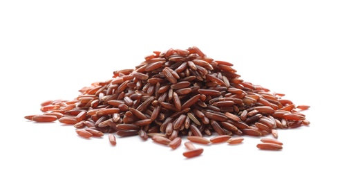 Photo of Pile of brown rice on white background