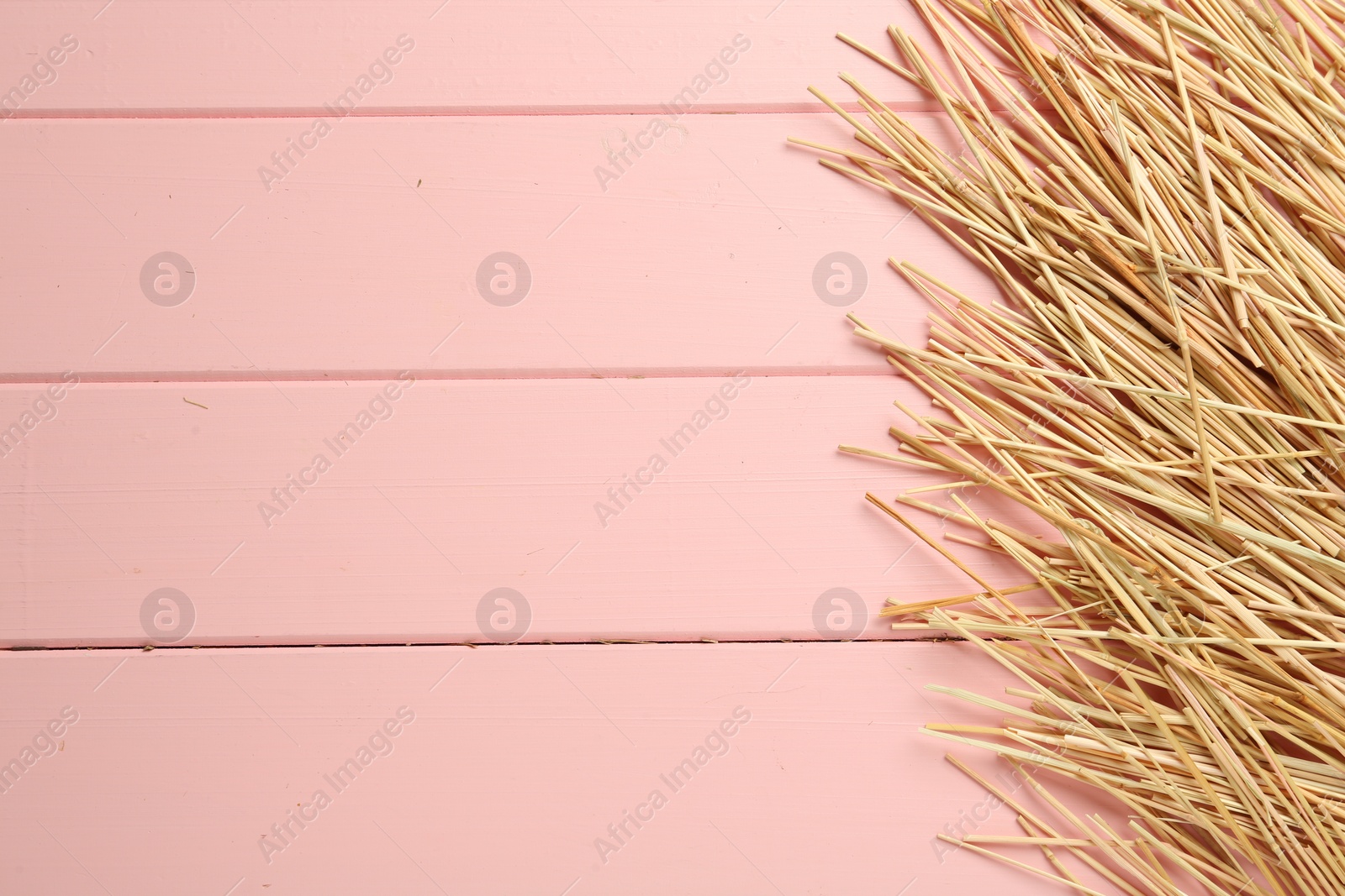 Photo of Heap of dried hay on pink wooden background, flat lay. Space for text