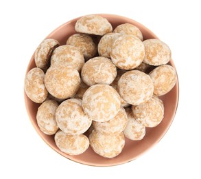 Tasty homemade gingerbread cookies in bowl on white background, top view