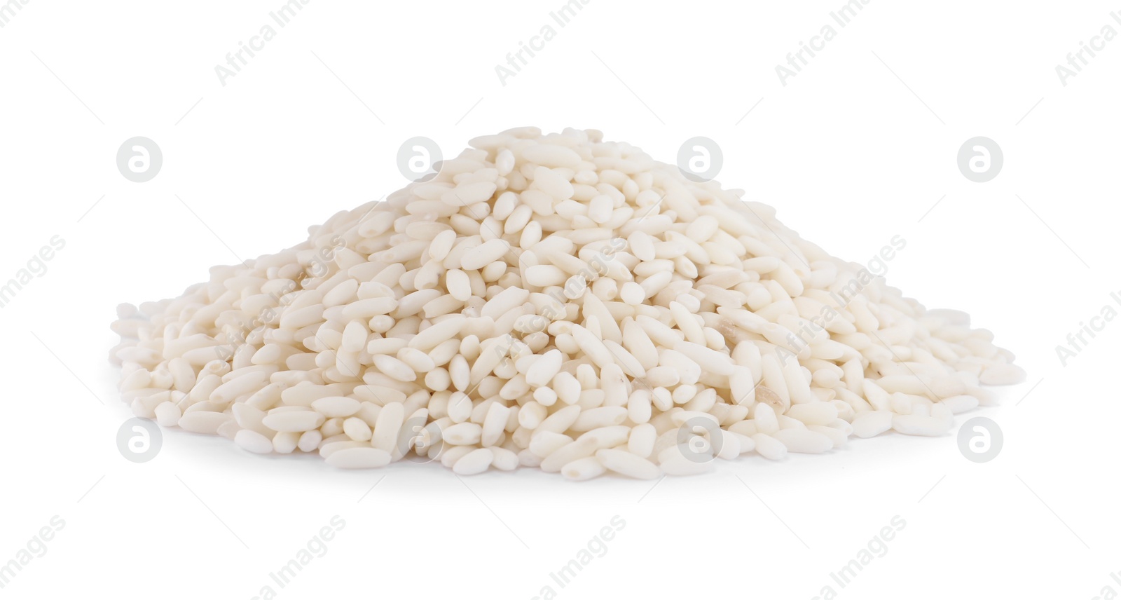 Photo of Pile of raw rice isolated on white