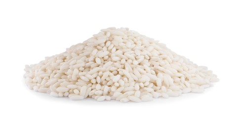 Pile of raw rice isolated on white