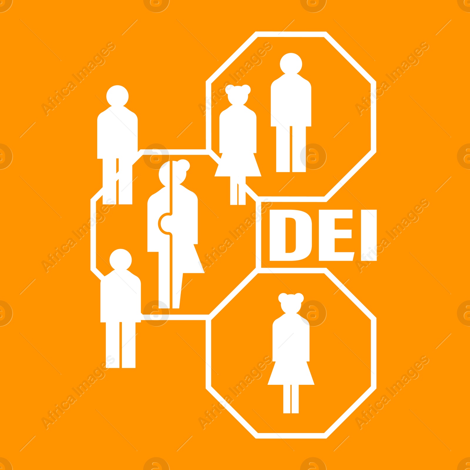 Illustration of Concept of DEI - Diversity, Equality, Inclusion.  people and abbreviation on orange background