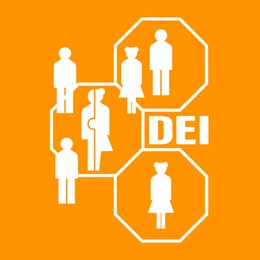 Illustration of Concept of DEI - Diversity, Equality, Inclusion.  people and abbreviation on orange background