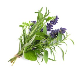 Bunch of fresh aromatic herbs on white background, top view