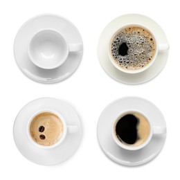 Set of cups with aromatic hot coffee and empty one on white background, top view