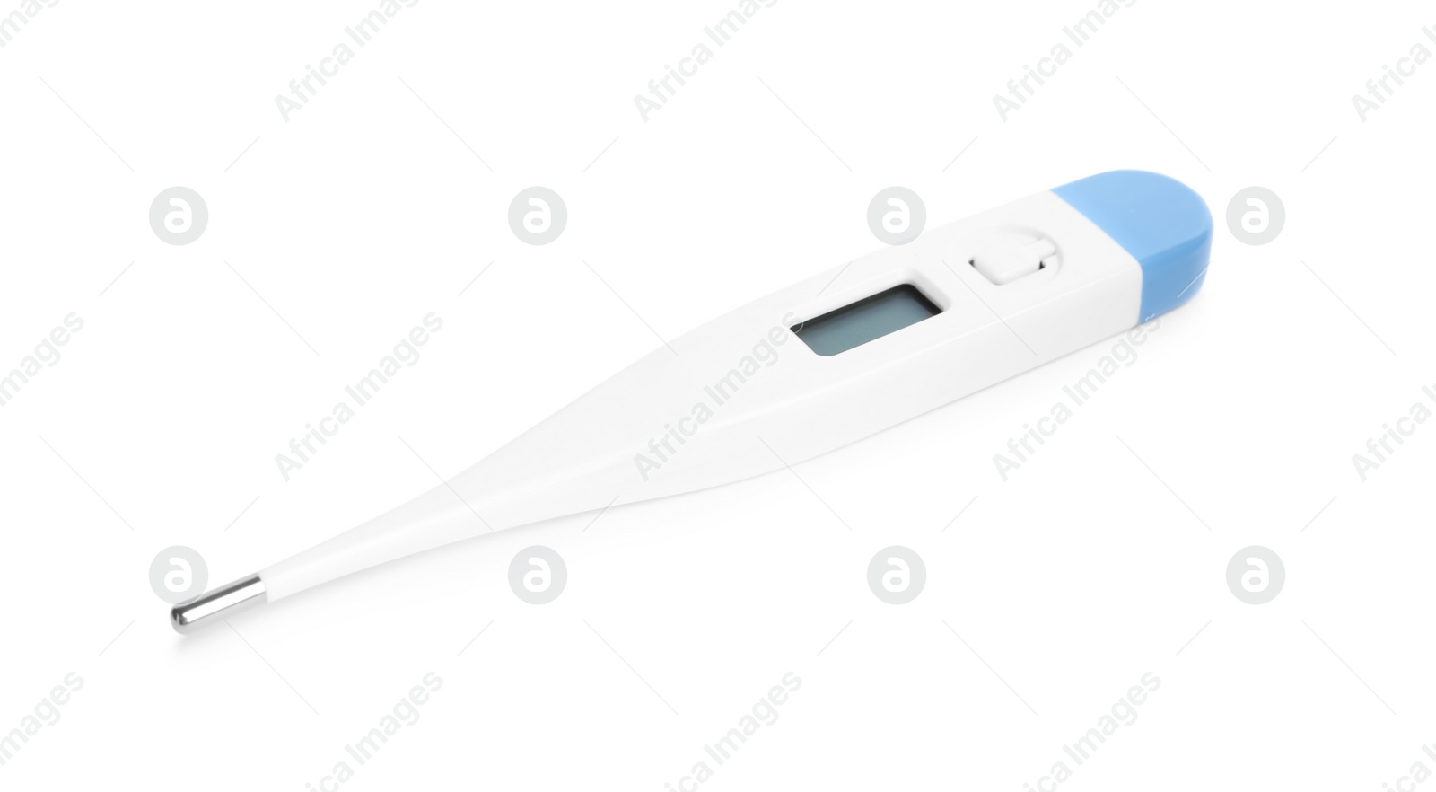 Photo of Modern digital thermometer on white background. Measuring temperature