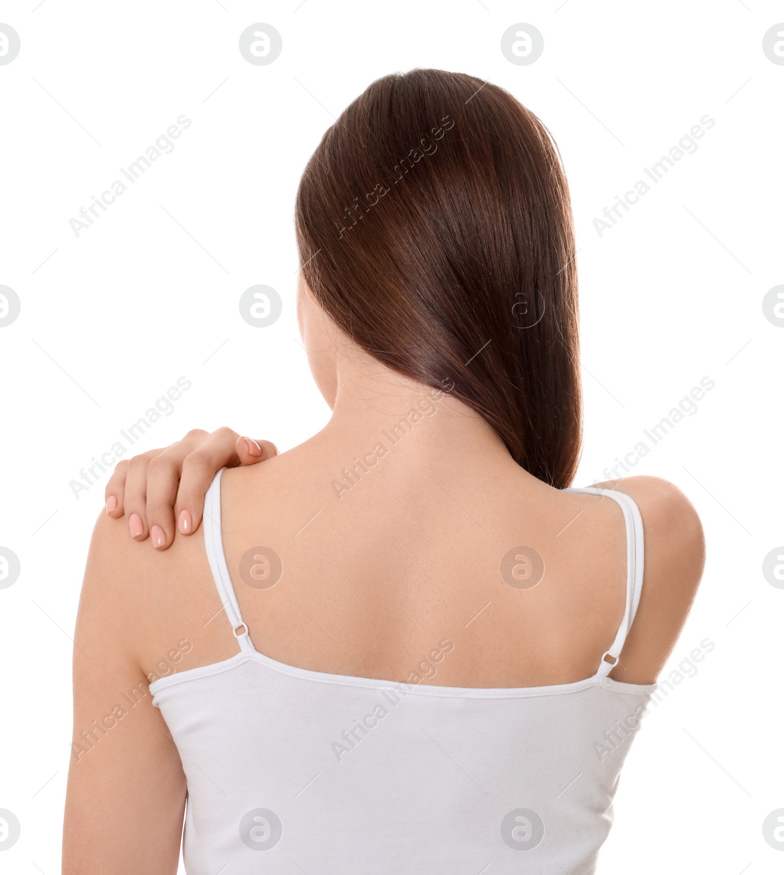 Photo of Woman suffering from pain in her shoulder on white background, back view. Arthritis symptoms