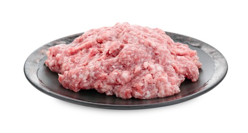 Plate with raw fresh minced meat isolated on white