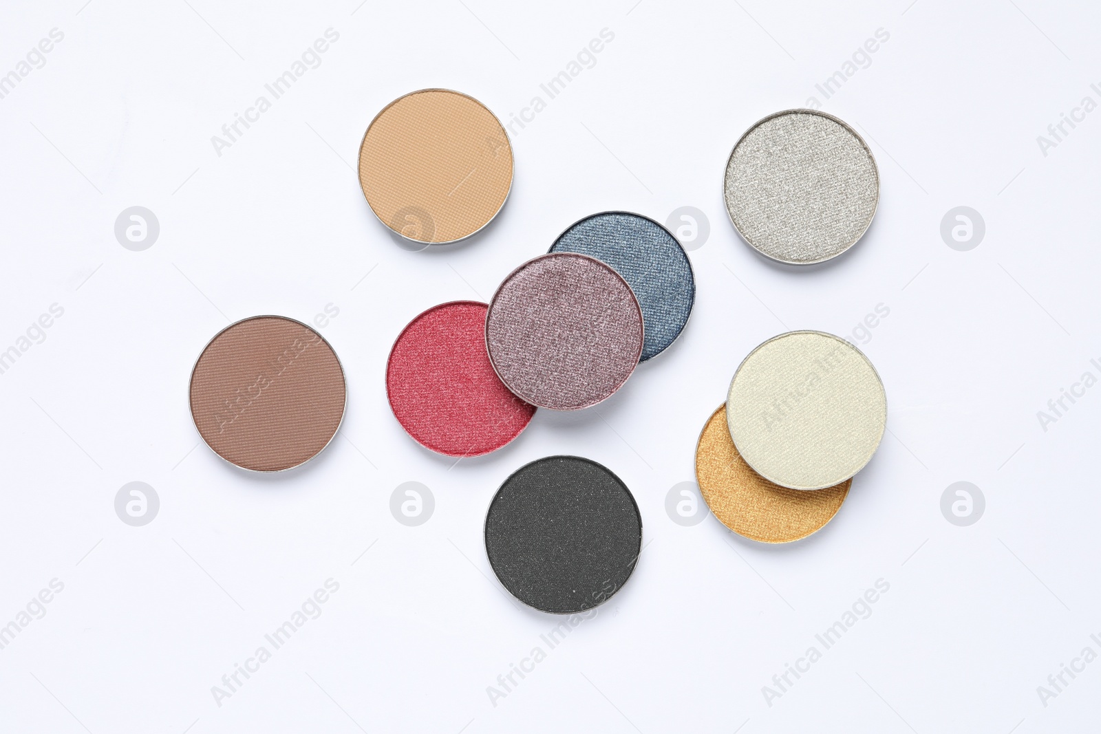 Photo of Different beautiful eye shadows on white background, flat lay