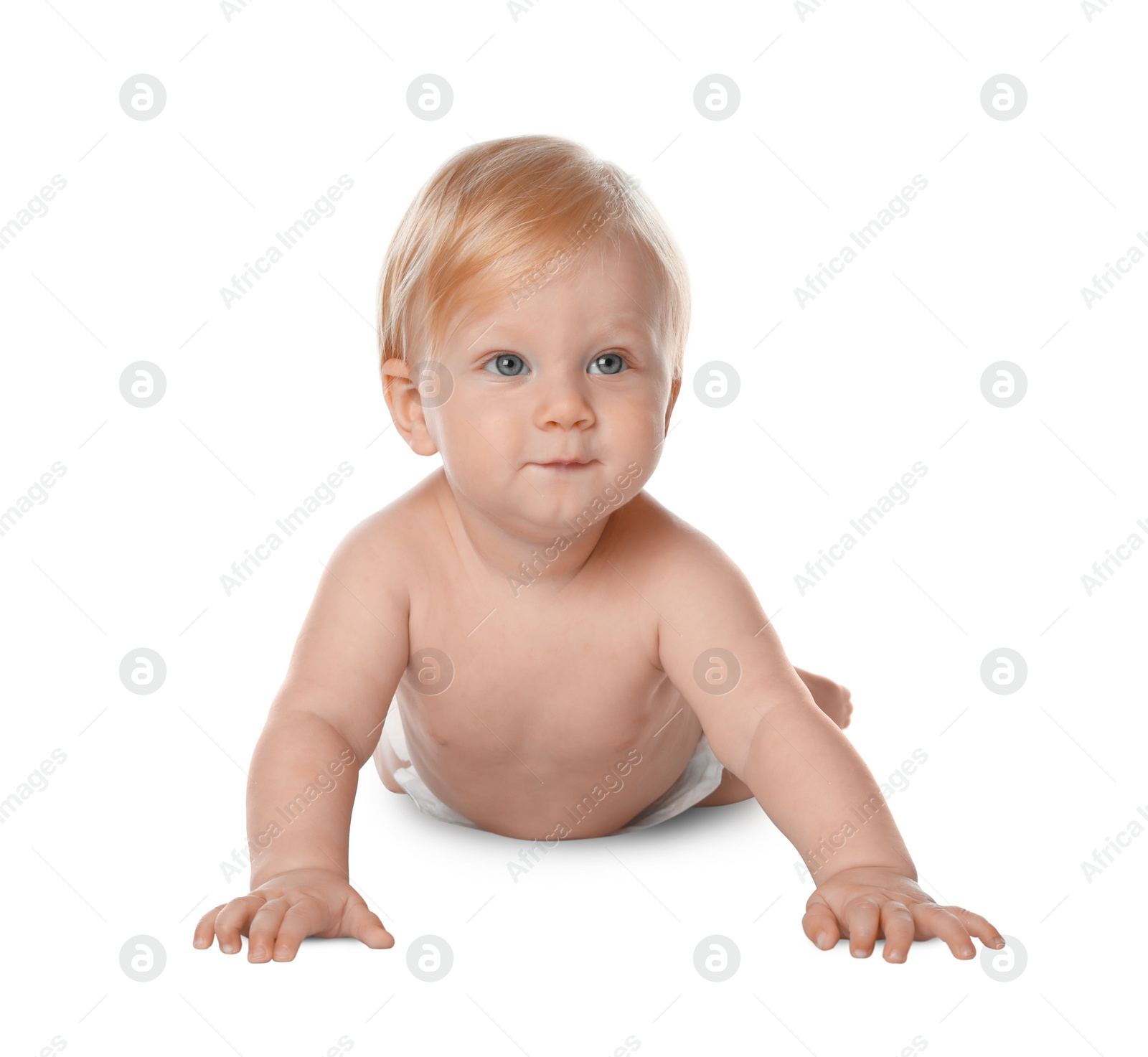 Photo of Cute little baby in diaper on white background