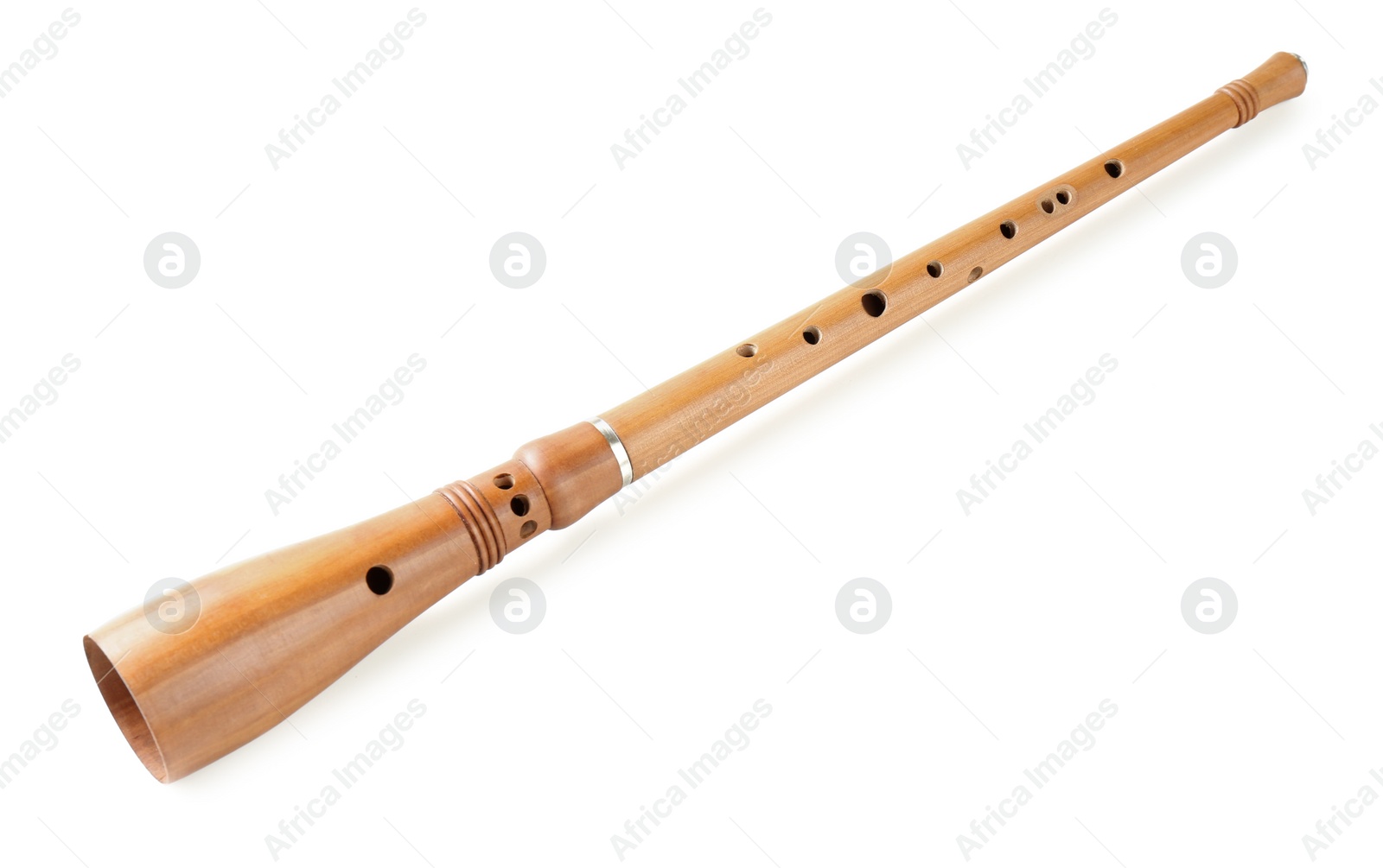 Photo of Vintage bryolka isolated on white. Woodwind musical instrument