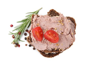 Photo of Delicious liverwurst sandwich and ingredients isolated on white, top view