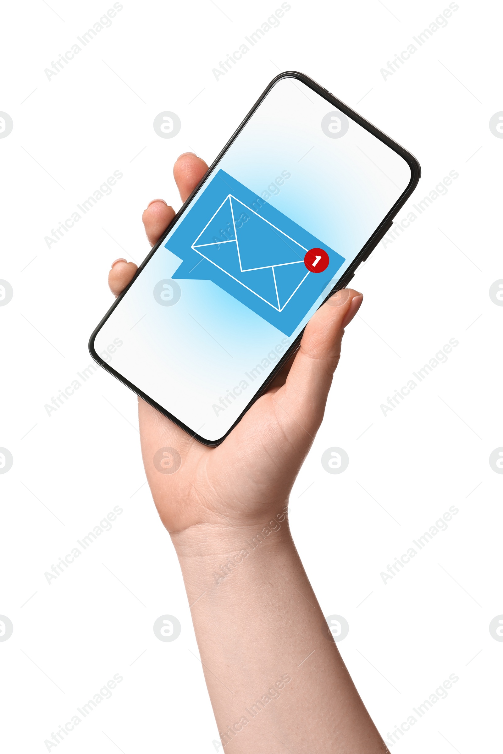 Image of New message notification. Woman with mobile phone on white background, closeup