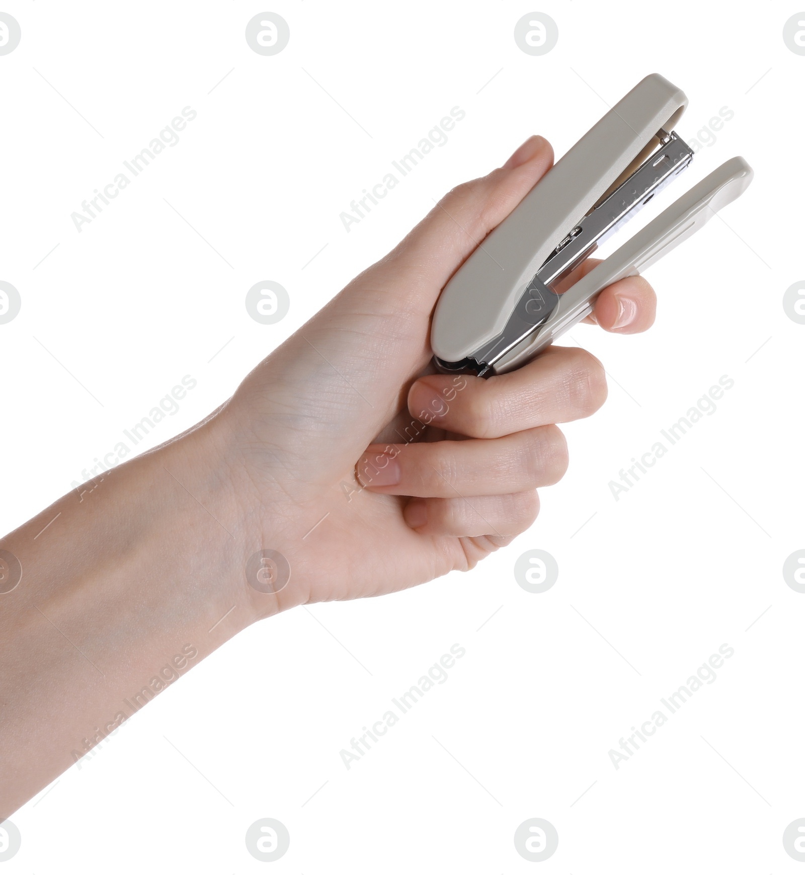 Photo of Woman holding new stapler on white background, closeup