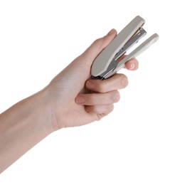 Photo of Woman holding new stapler on white background, closeup