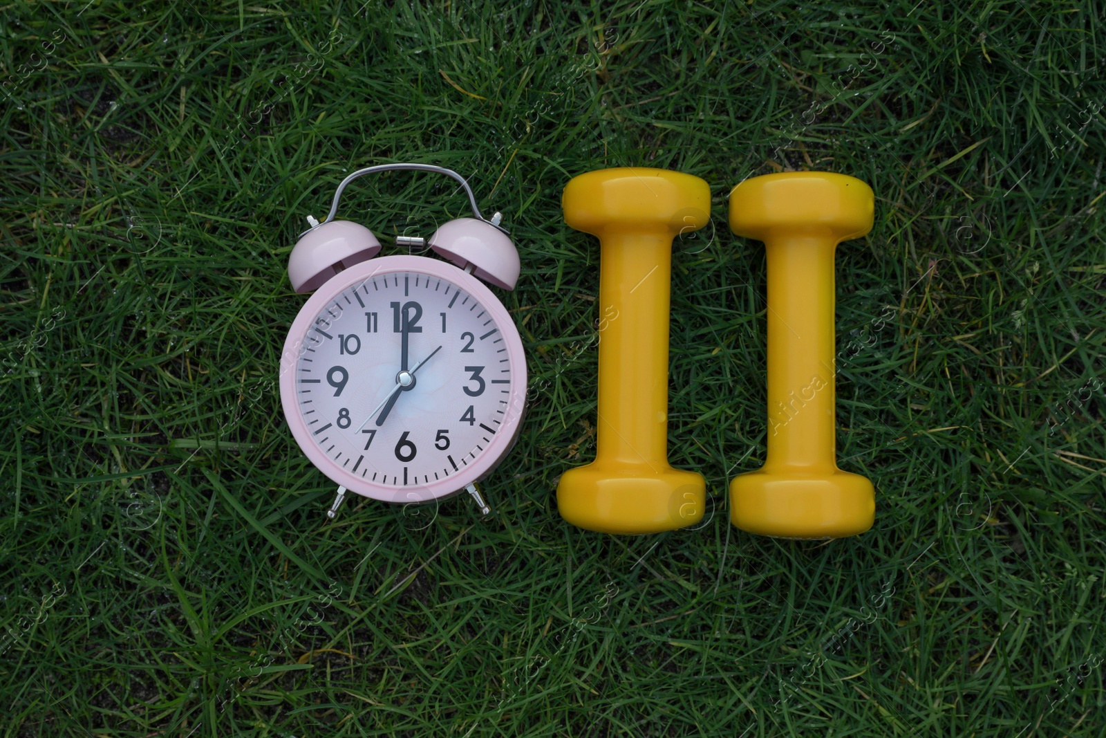 Photo of Alarm clock and dumbbells on green grass, flat lay. Morning exercise