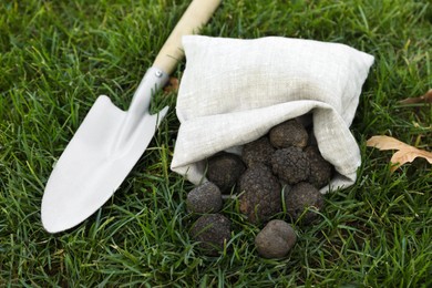 Photo of Bag with fresh truffles and shovel on green grass