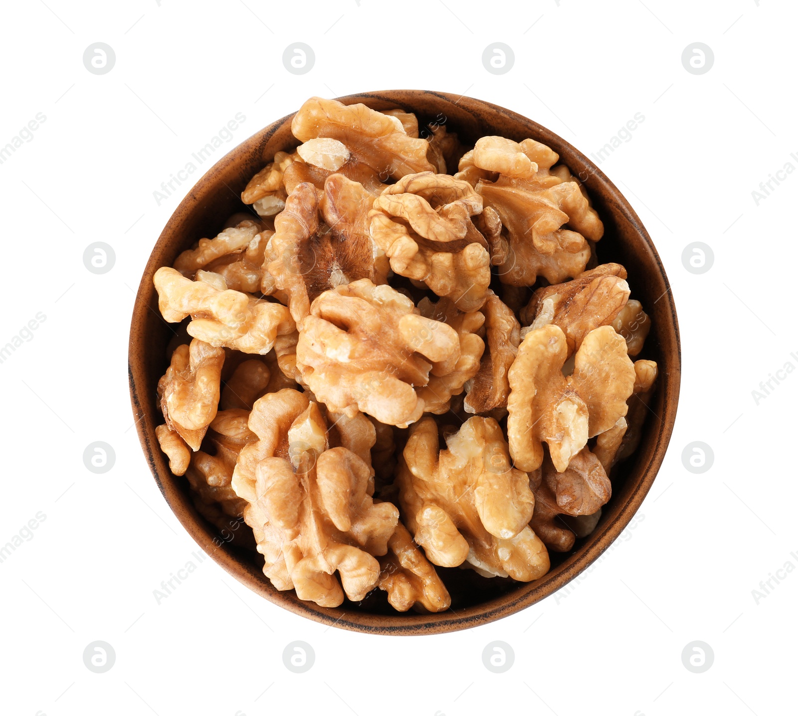 Photo of Bowl with walnuts on white background, top view