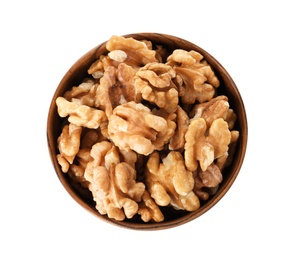 Photo of Bowl with walnuts on white background, top view