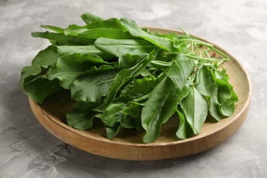 Wooden plate with fresh sorrel on light grey background, closeup