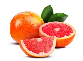 Image of Fresh whole and cut grapefruits isolated on white