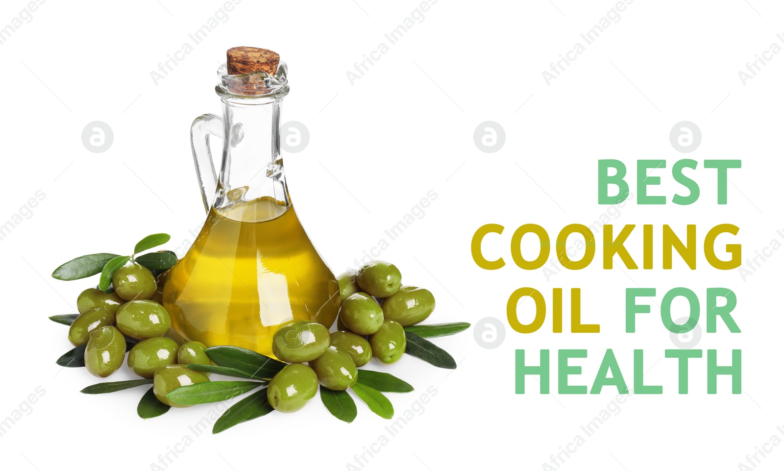 Image of Olive oil as best cooking oil for health. Text and product on white background