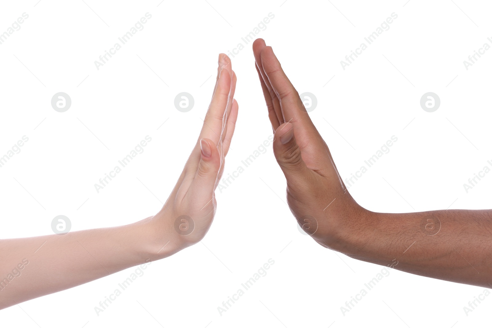 Photo of International relationships. People giving high five on white background, closeup