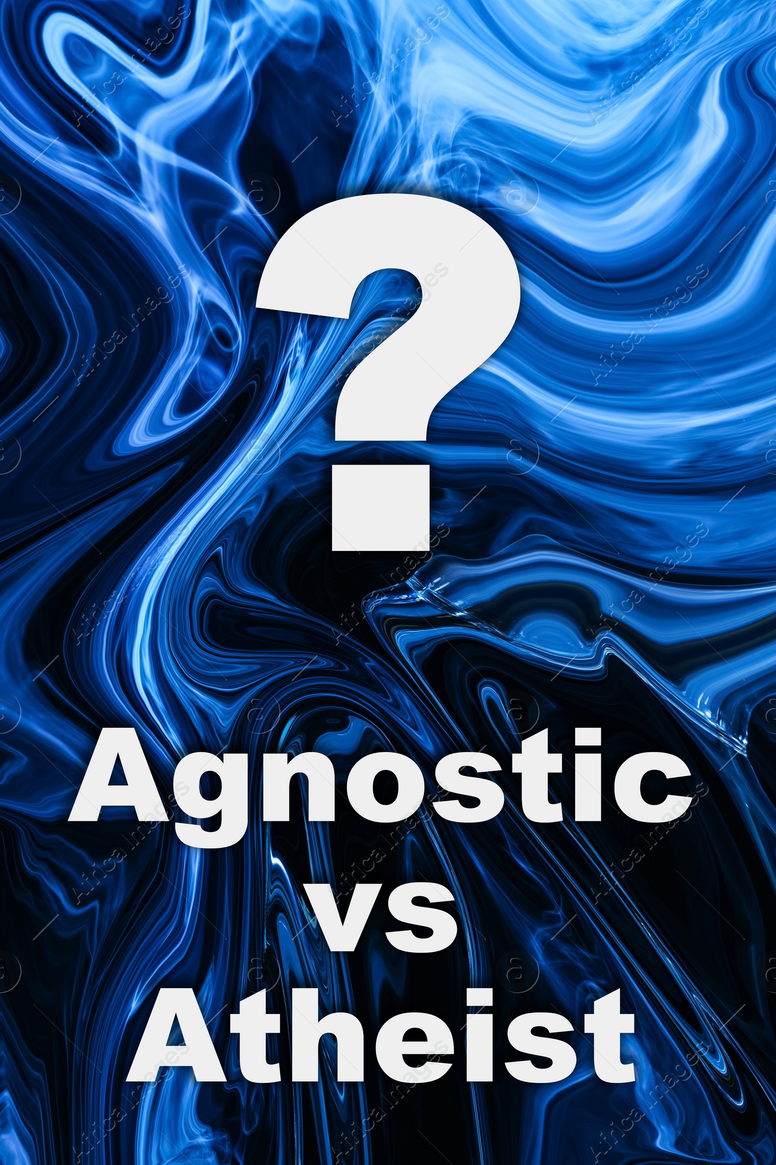 Illustration of Text Agnostic Vs Atheist and question mark on stained blue background