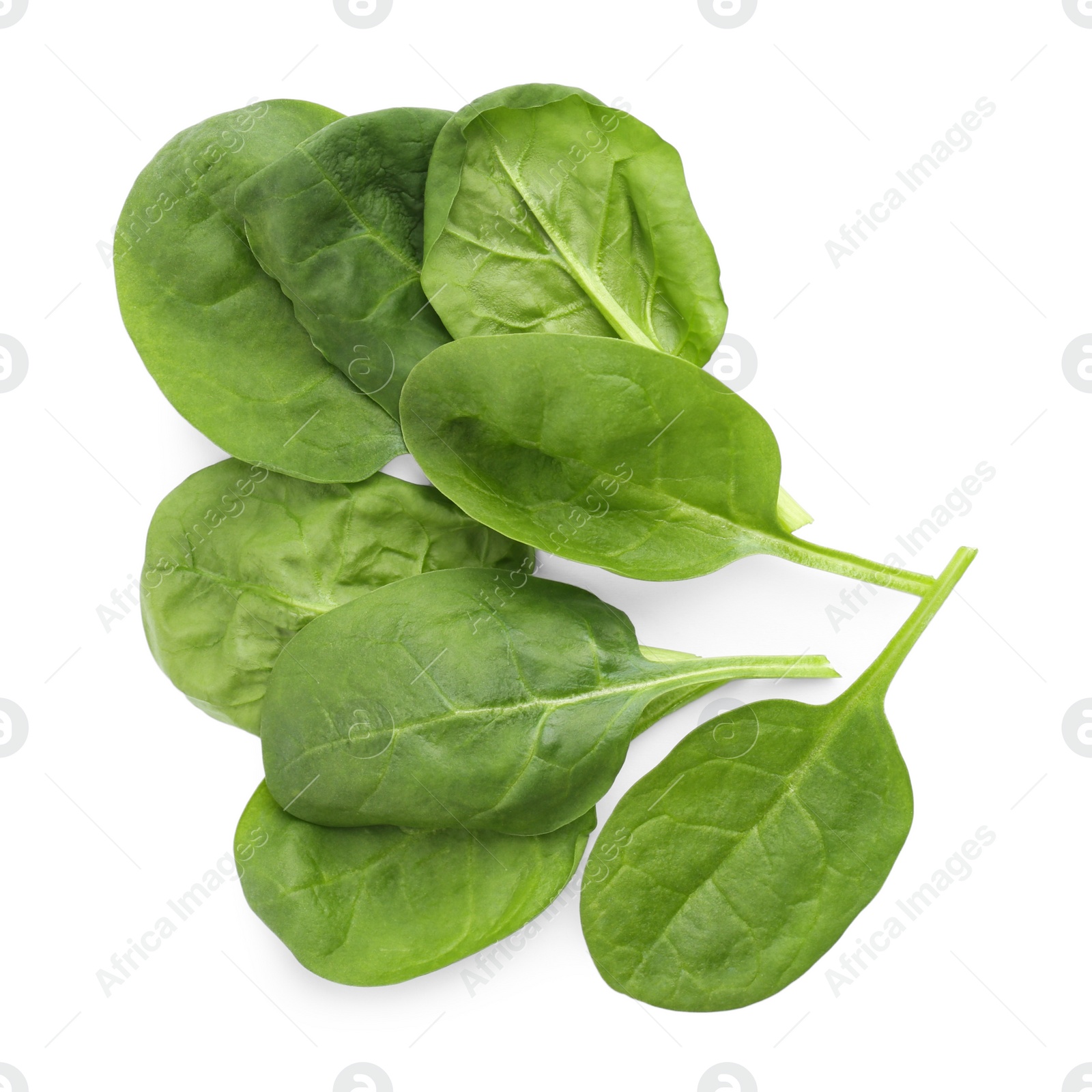 Photo of Pile of fresh spinach leaves isolated on white, top view