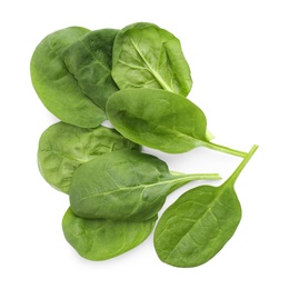 Pile of fresh spinach leaves isolated on white, top view