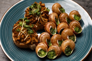 Delicious cooked snails served on table, closeup