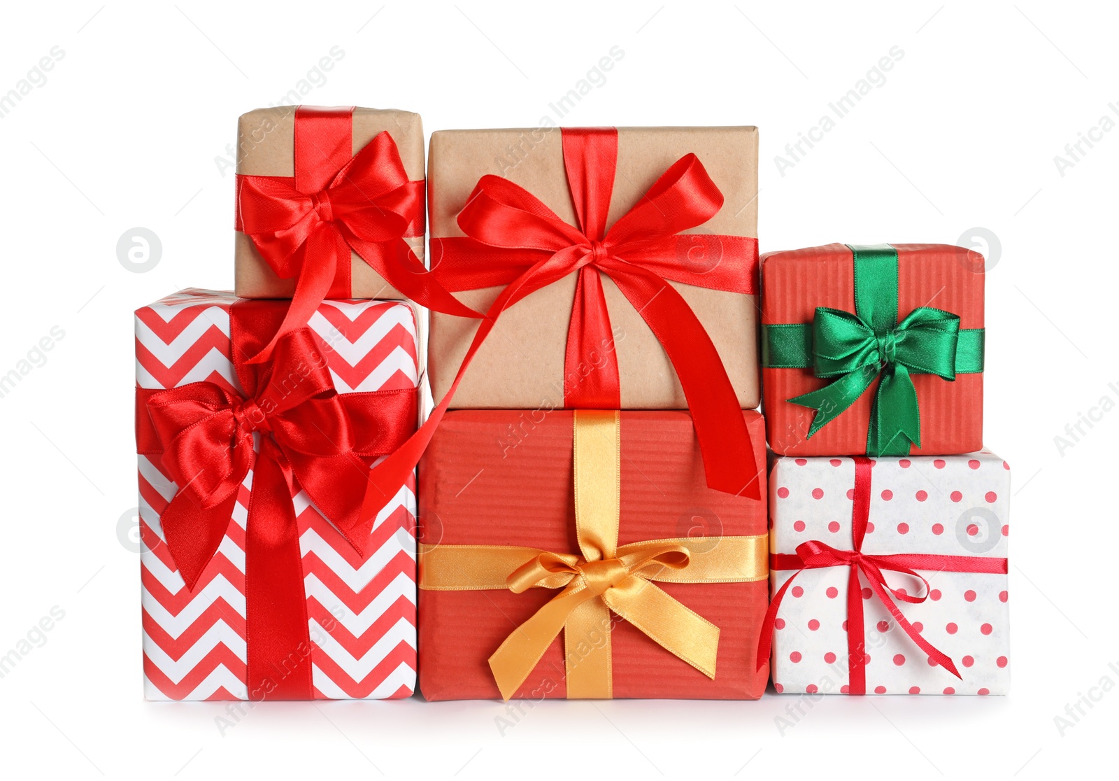 Photo of Beautifully wrapped gift boxes on white background