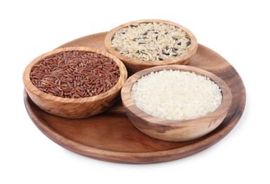 Bowls with different sorts of rice isolated on white