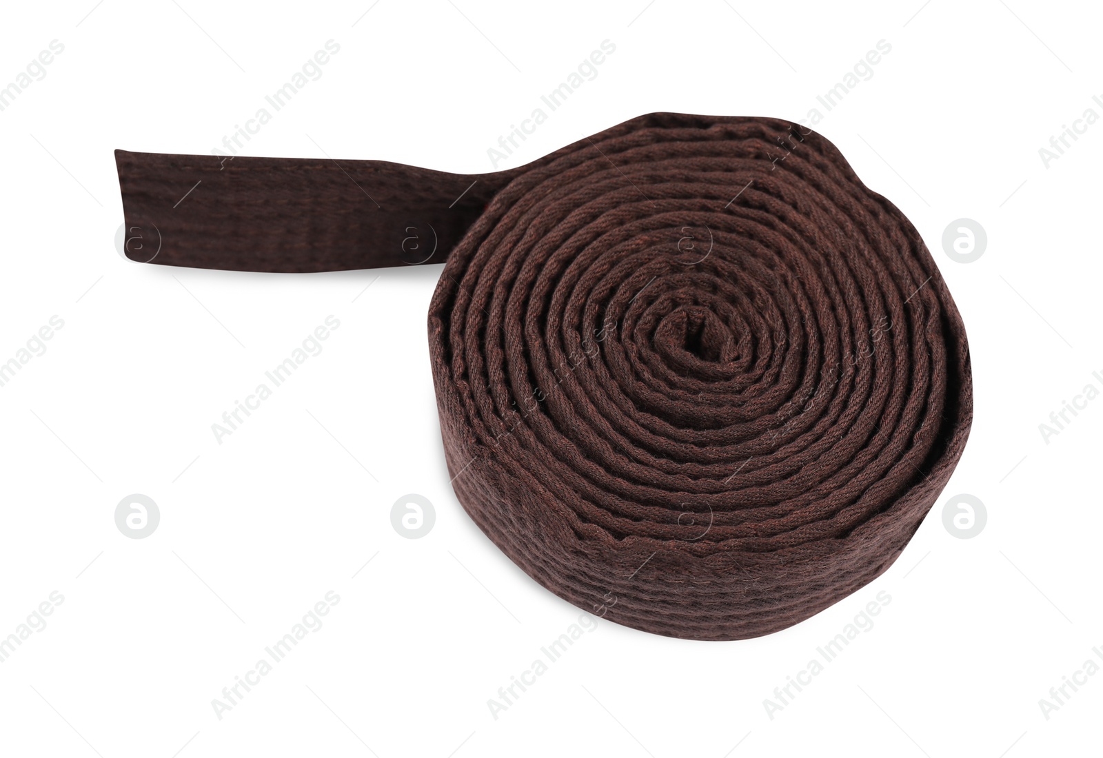 Photo of Brown karate belt isolated on white. Martial arts uniform