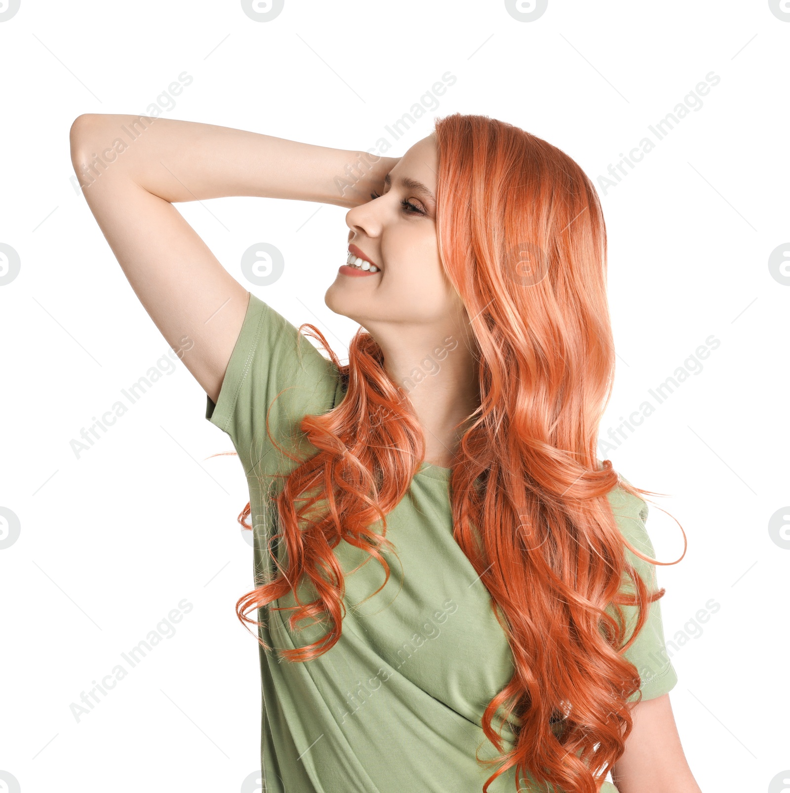 Image of Beautiful woman with long orange hair on white background